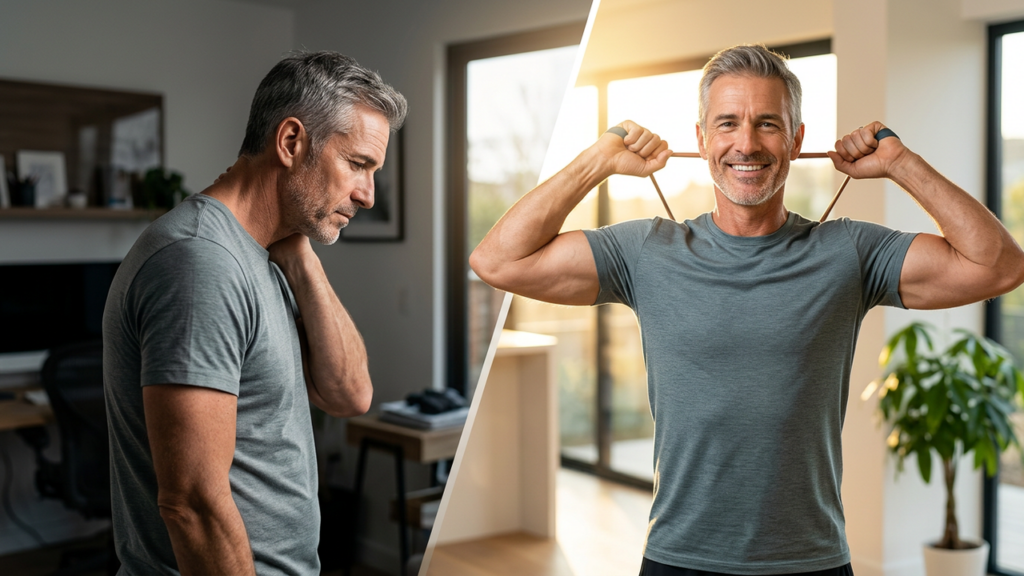 A man in his 50s standing tall with good upright posture at home after doing posture-strengthening exercises