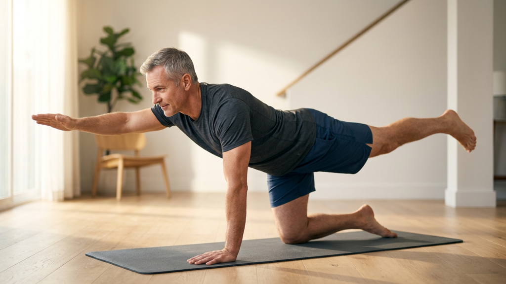 A man in his 50s doing a gentle core and back exercise on a mat at home to relieve lower back pain