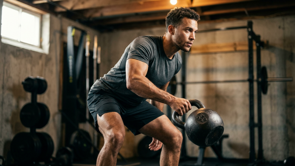 Person mid-swing with a kettlebell in a home gym