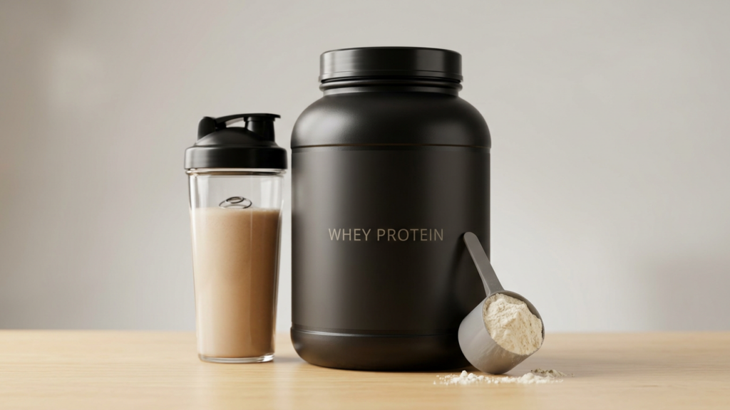 Tub of protein powder with scoop and shaker bottle