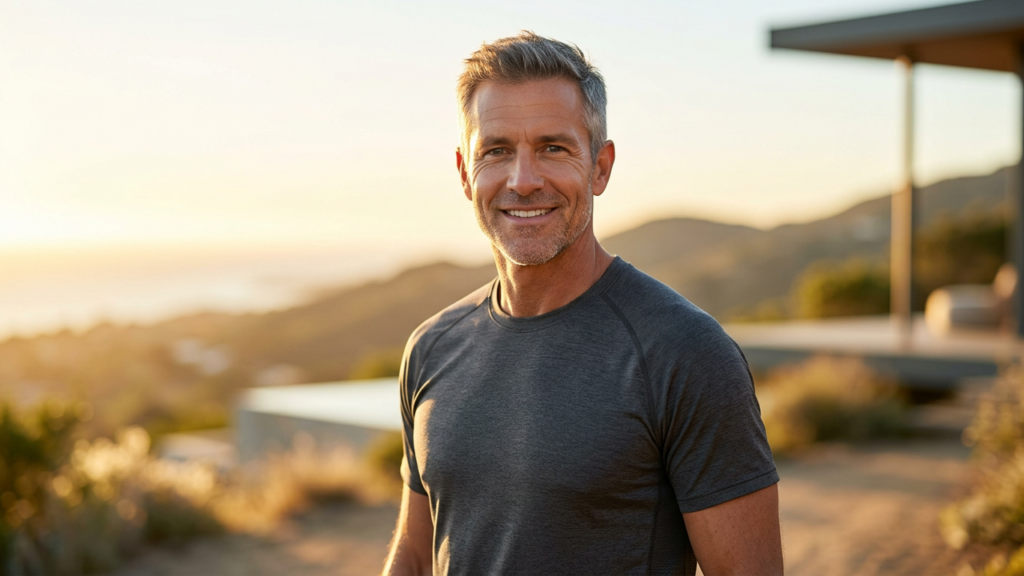 A strong, healthy, energetic man around 50 outdoors at sunrise, representing healthy testosterone after 40