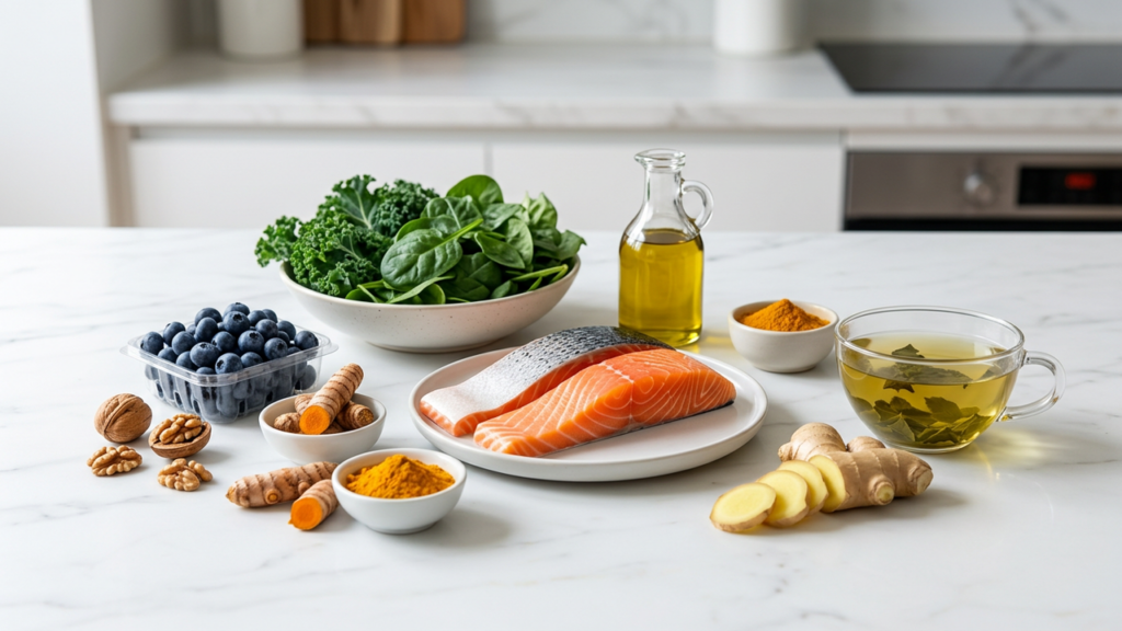 A spread of anti-inflammatory whole foods - salmon, leafy greens, blueberries, walnuts, olive oil, turmeric and green tea - on a kitchen counter