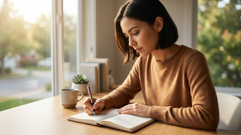 Person starting to write in a notebook at a clean desk