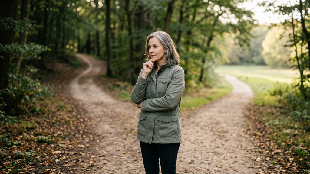 Person standing at a fork in a path, symbolizing willpower and decision-making