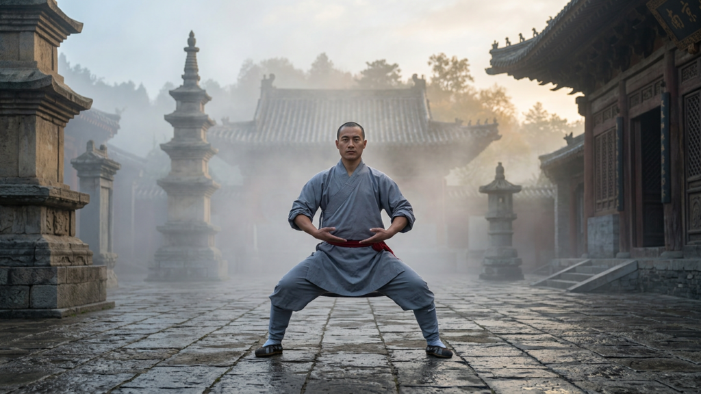 Shaolin monk holding a horse-stance isometric pose in a misty temple courtyard at dawn
