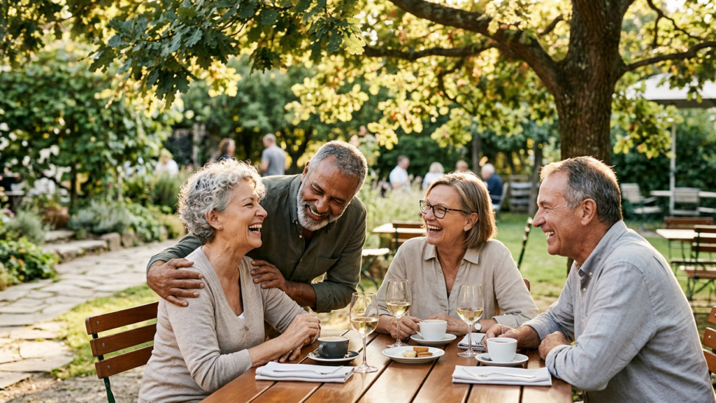 Small group of older adults laughing together outdoors at a table, illustrating social connection and longevity