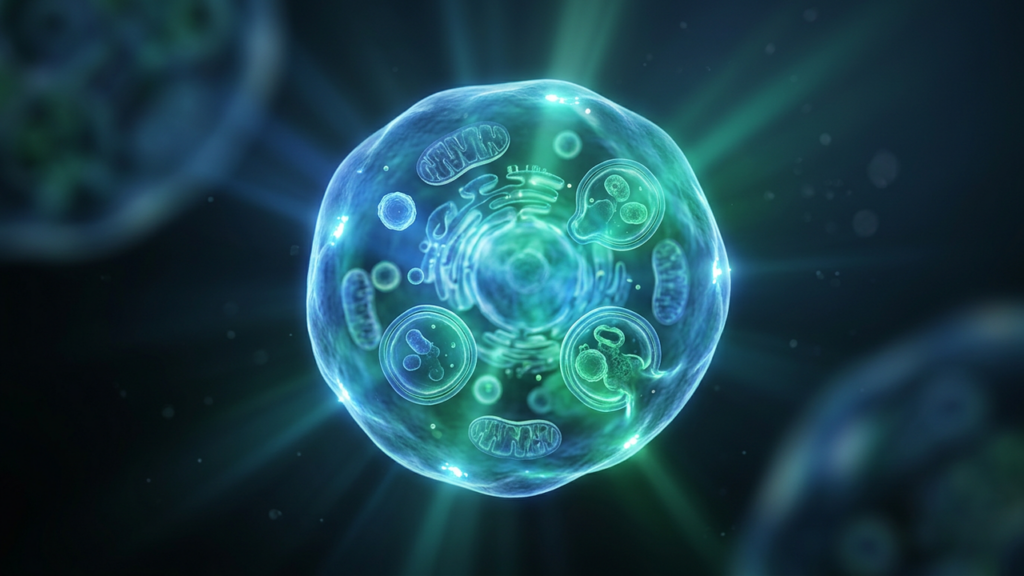 Glowing translucent cell with visible organelles under blue and green scientific lighting, representing autophagy