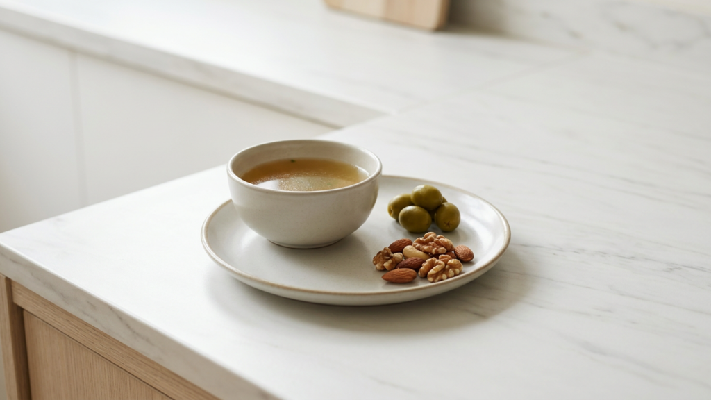 Small plant-based meal portion with vegetable broth, olives, and mixed nuts, representing a fasting-mimicking diet meal