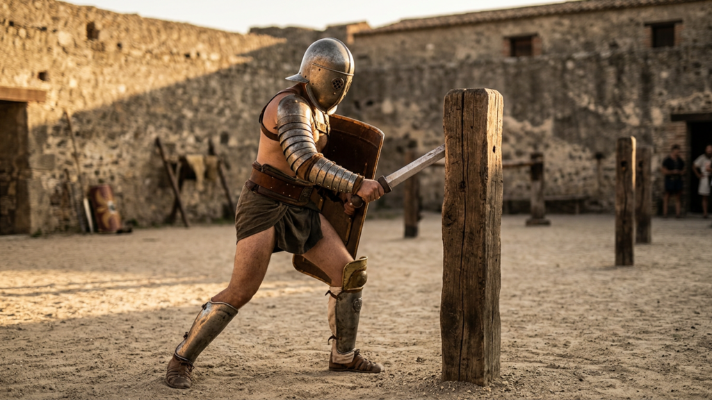 Roman gladiator in armor and helmet training with a sword against a wooden palus post in a sandy ludus training school courtyard.