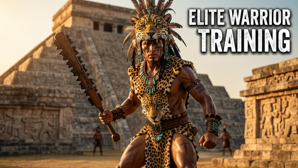 Aztec Eagle and Jaguar warrior in feathered headdress and jaguar pelt holding an obsidian-bladed macuahuitl in front of a Mesoamerican stone temple, illustrating Aztec warrior training culture