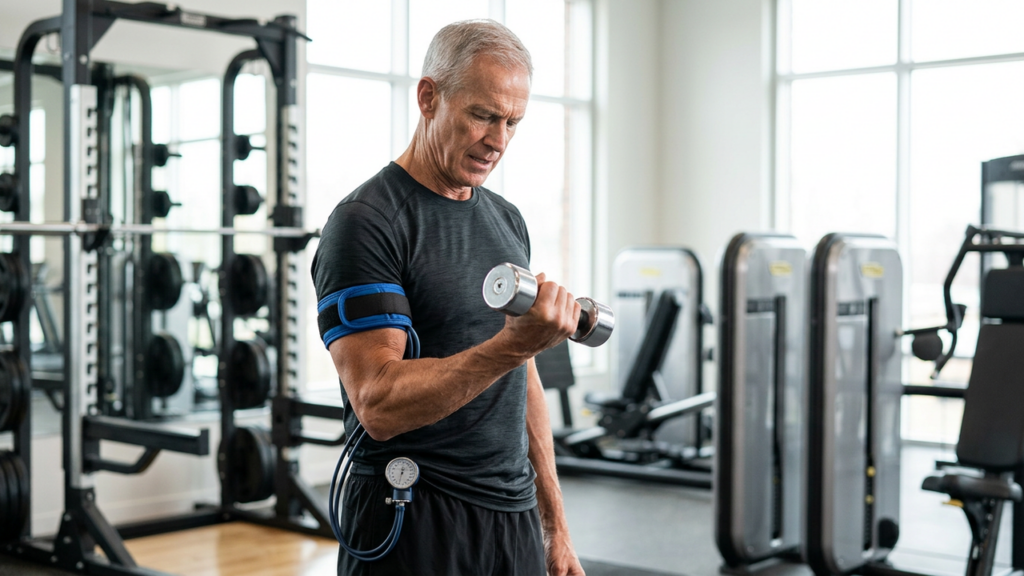 Older man performing a light dumbbell bicep curl with a blood flow restriction cuff strapped around his upper arm in a gym