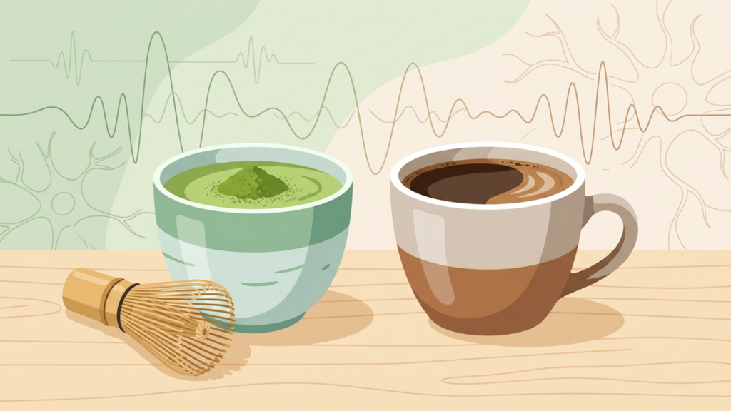 Matcha green tea and coffee cups side by side with overlapping brainwave line art, representing the L-theanine and caffeine focus stack.