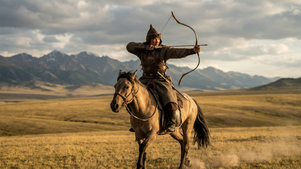 Mongol mounted warrior drawing a composite recurve bow on horseback across the open steppe