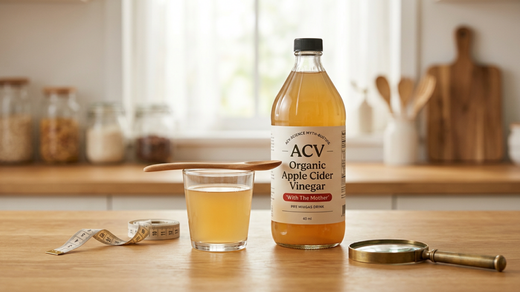 Glass bottle of apple cider vinegar with a diluted glass and measuring tape and magnifying glass on a kitchen counter, symbolizing a science-based look at ACV weight loss claims