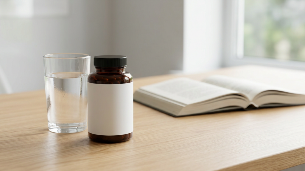 Magnesium supplement bottle and glass of water on a desk with an open book, representing magnesium L-threonate for memory and focus