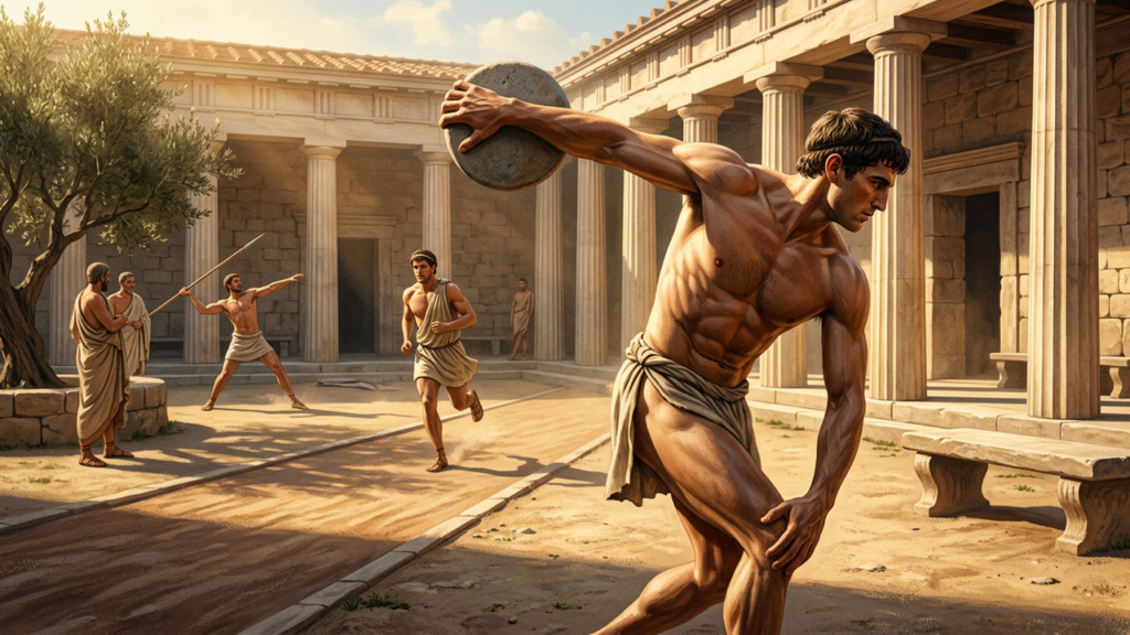 Ancient Greek athlete throwing a discus in a gymnasion courtyard with classical stone columns, evoking Olympic pentathlon training