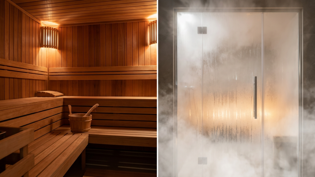 Split image comparing a warm wooden dry sauna interior to a foggy glass steam room door