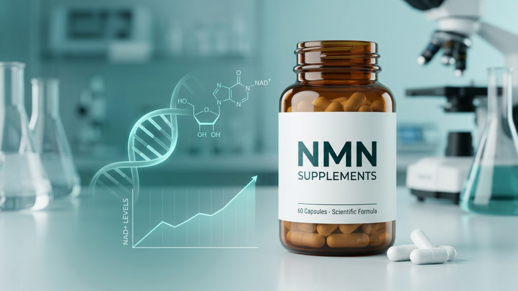 Bottle of NMN supplement capsules on a lab bench with a DNA helix graphic and rising NAD+ levels chart in the background