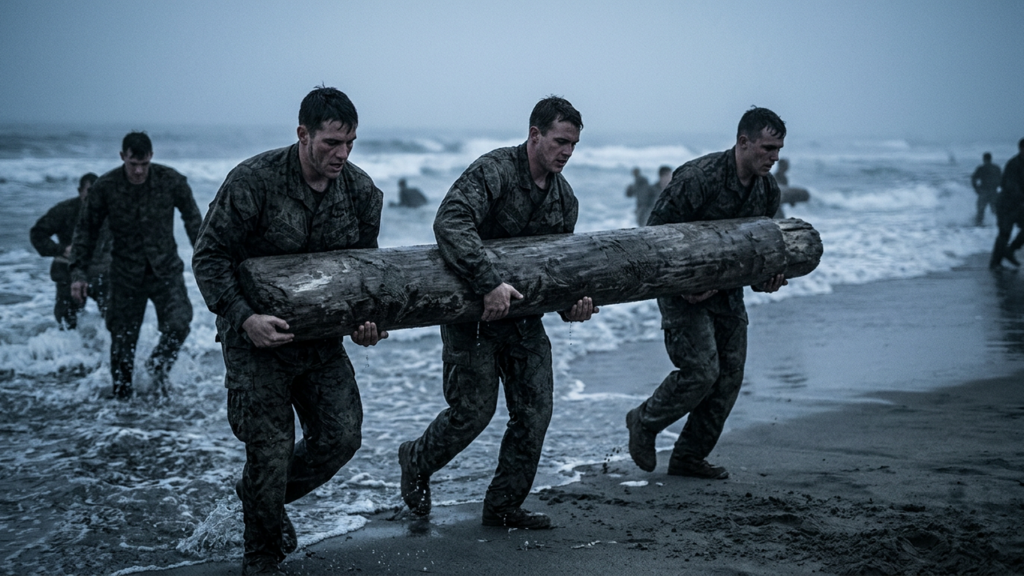 Navy SEAL BUD/S trainees carrying a log through cold surf during training