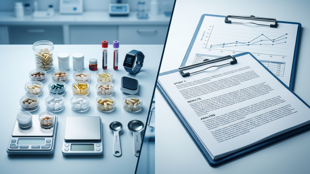 A daily longevity supplement stack and blood test vials beside research papers and data charts