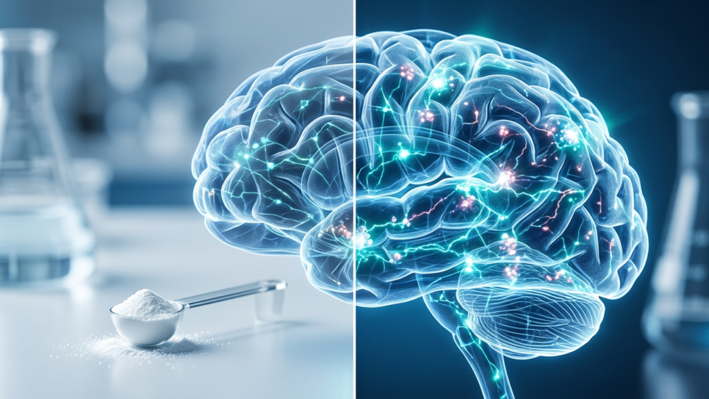 Illustration of a human brain with neural activity beside a scoop of creatine powder on a lab surface