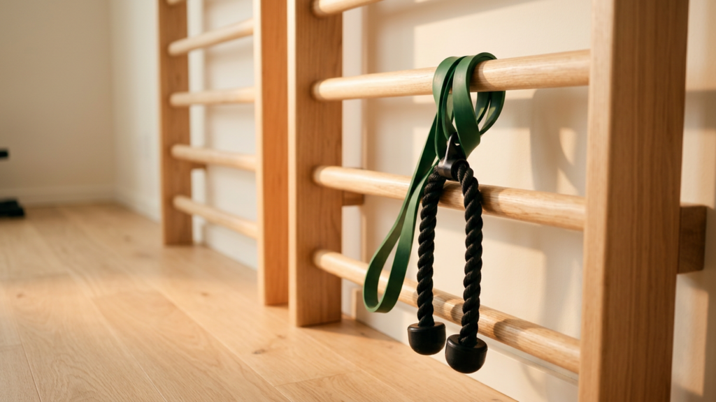 A green resistance band and a rope handle hanging from a wooden wall bar