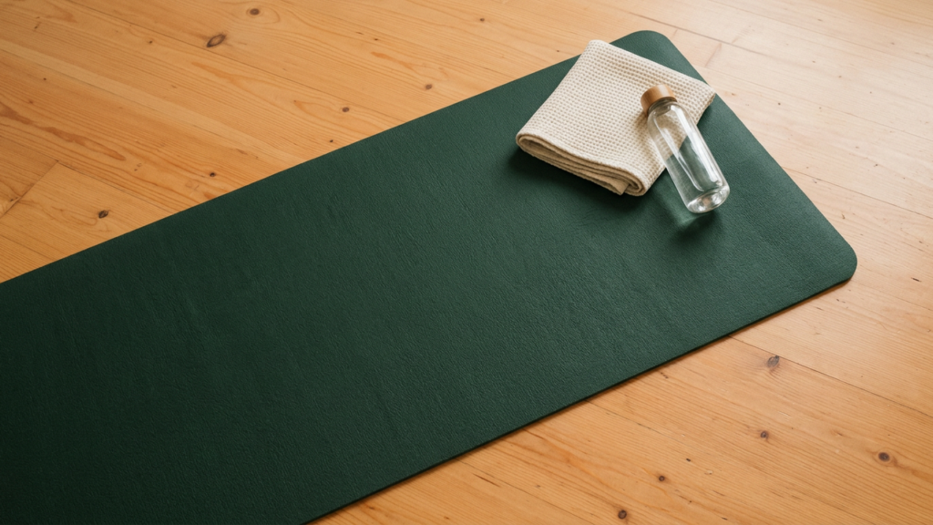 Overhead view of a dark green exercise mat with a folded towel and a glass water bottle