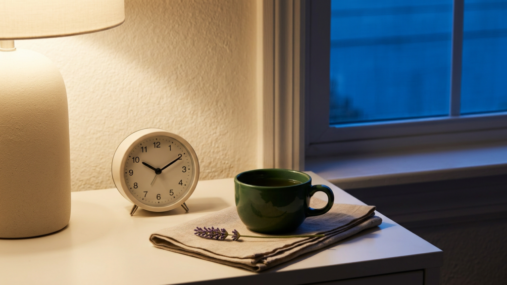 Alarm clock, herbal tea and lavender on a bedside table at dusk for a sleep calculator and bedtime planner