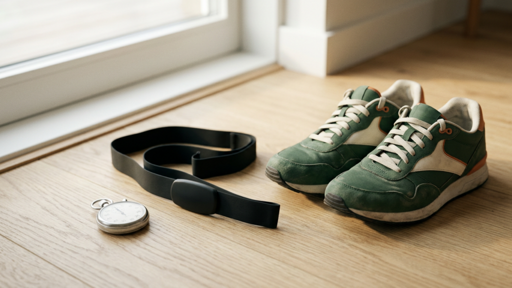 A stopwatch, a heart rate chest strap and green running shoes on a wooden floor by a window
