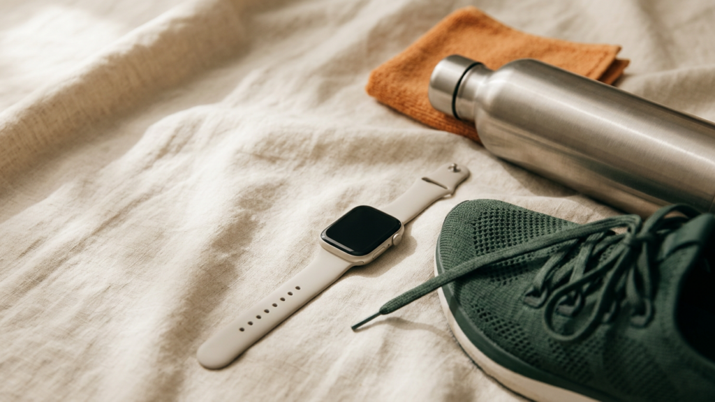Fitness watch with a blank screen beside green running shoes and a water bottle on cream linen
