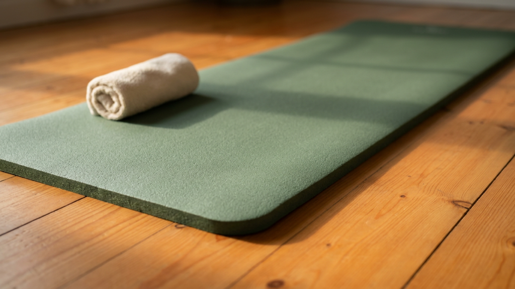 A green foam exercise mat with a rolled towel on a warm wooden floor