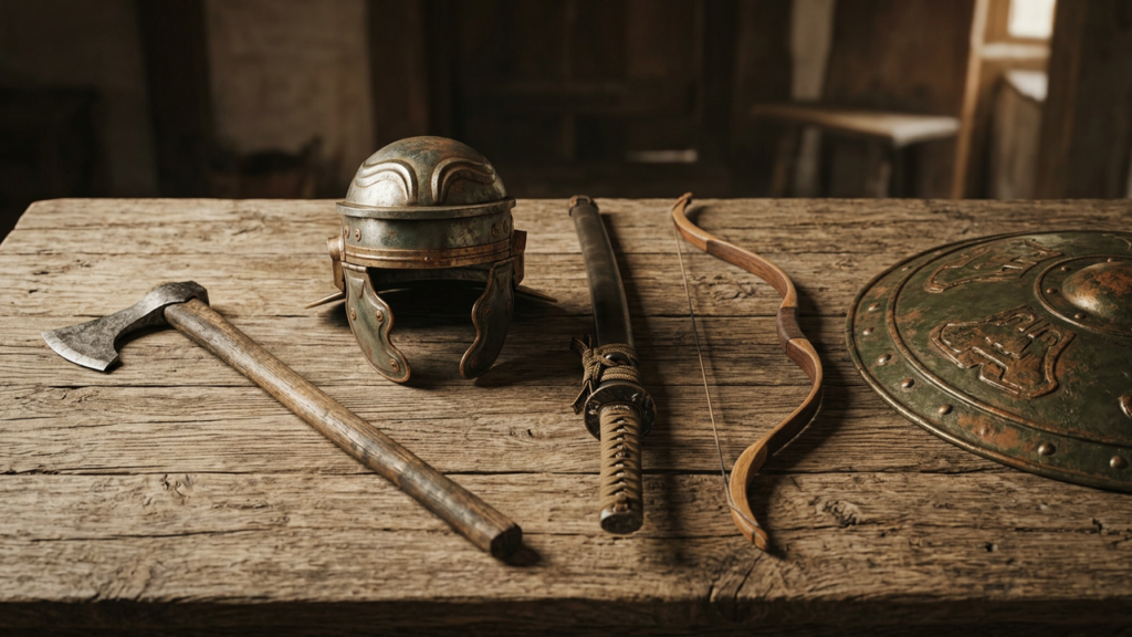 A Viking axe, Roman legionary helmet, katana, wooden bow and round bronze shield laid out on an old oak table