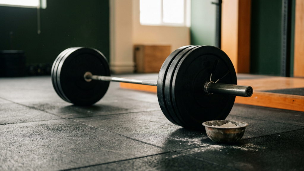A loaded barbell with black bumper plates and a bowl of chalk on a rubber gym floor