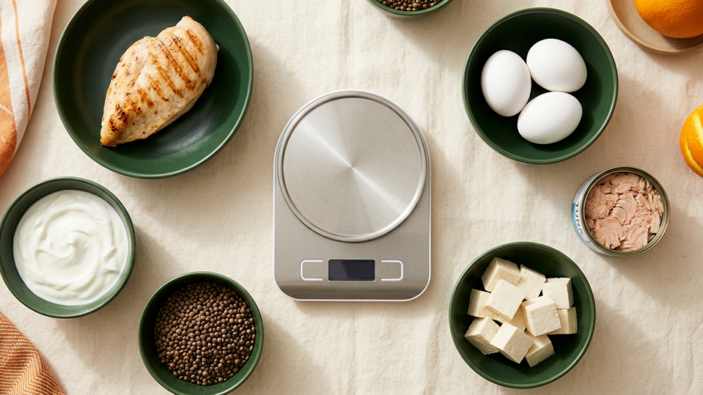 High-protein foods for a protein calculator: grilled chicken, eggs, Greek yogurt, lentils, tofu and tuna around a kitchen scale