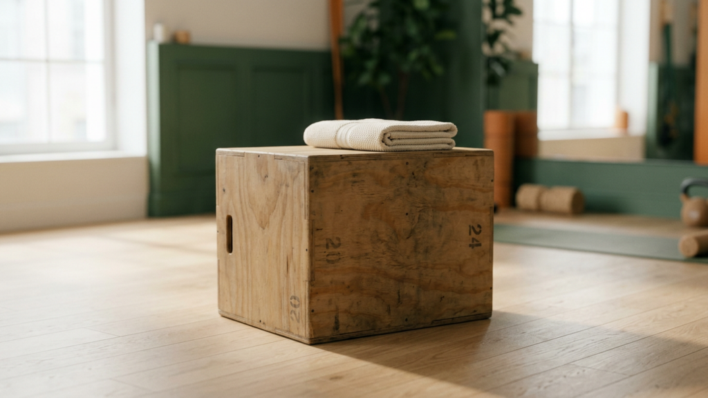A wooden plyo box with a folded towel on top in a bright home gym