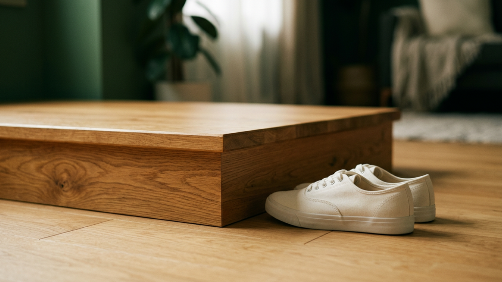 Plain white canvas training shoes beside a low wooden step on an oak floor