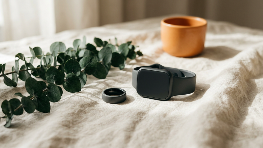 A smart ring and fitness watch on cream linen beside green eucalyptus, illustrating heart rate variability tracking