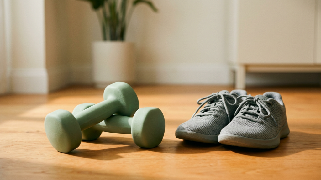 A pair of light green dumbbells next to grey training shoes on a wooden floor