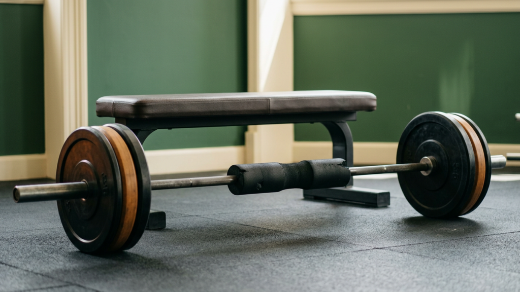 A padded barbell with weight plates in front of a flat bench on a rubber gym floor