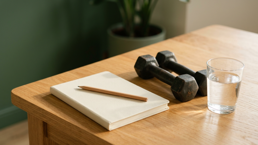 A closed notebook, a pencil, small dumbbells and a glass of water on a wooden table