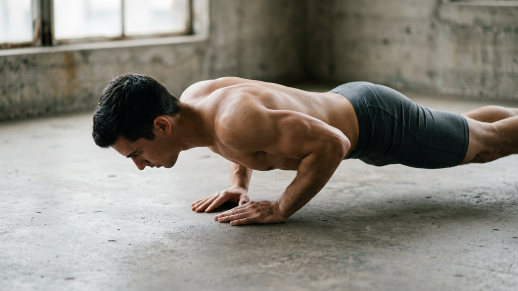 A man performing a close-hand push-up on a bare concrete floor, hands together under the chest, lit by window light