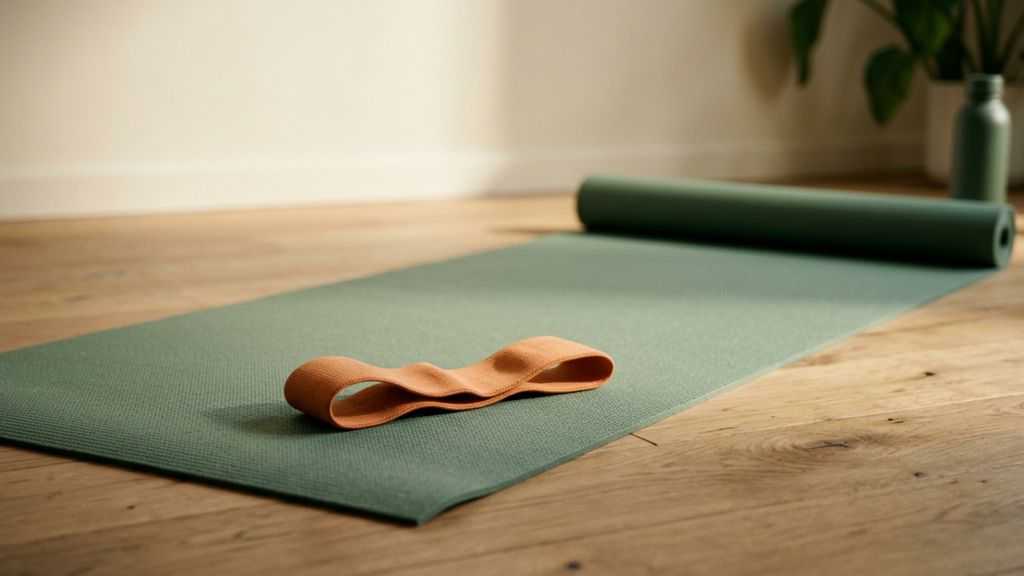 A fabric resistance band loop lying on a green exercise mat on a wooden floor