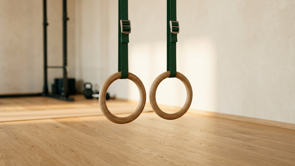 Wooden gymnastic rings hanging from green straps in a home gym