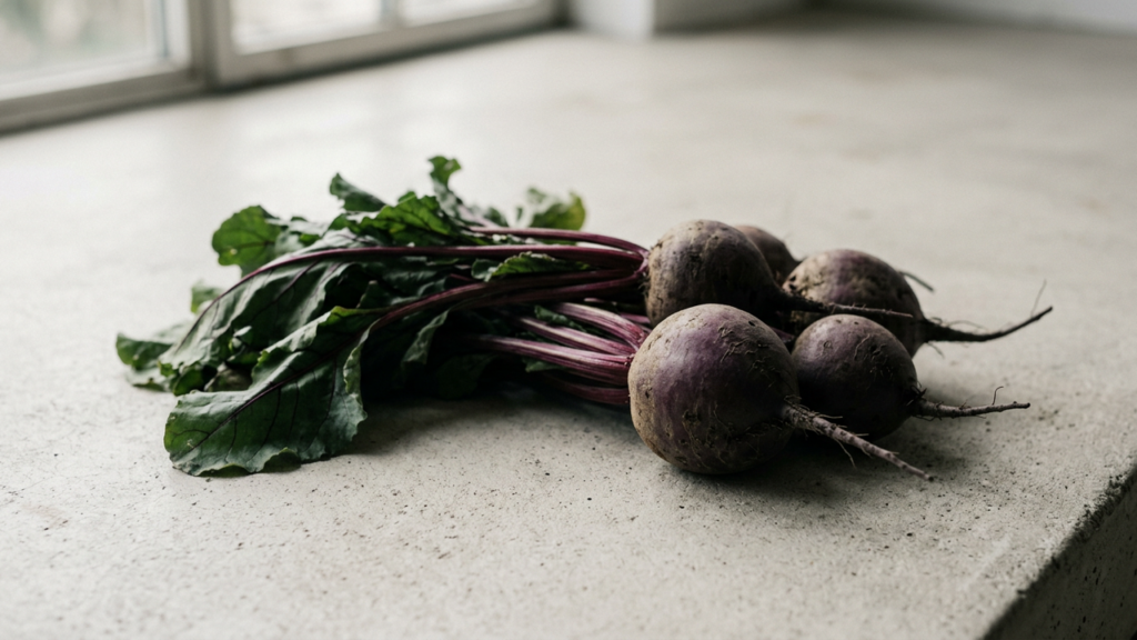 Whole raw beetroots with stems on a pale concrete surface in soft natural window light