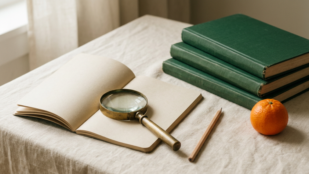 Brass magnifying glass on an open notebook beside a pencil, green books and a clementine on cream linen