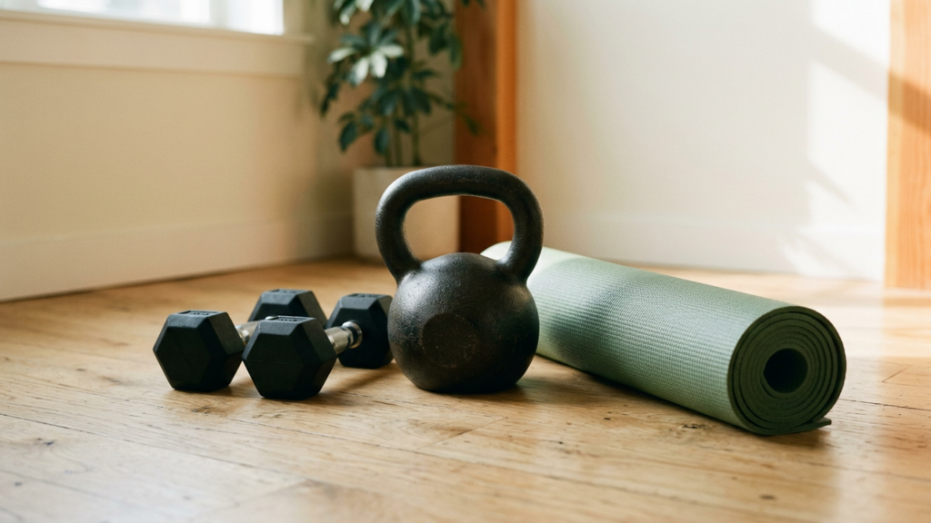 A pair of dumbbells, a kettlebell and a rolled exercise mat on a wooden floor in soft morning light
