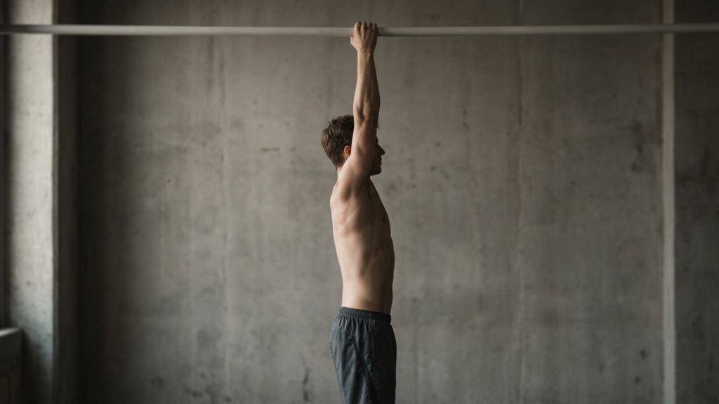 A person hanging at full stretch from a horizontal bar with straight arms against a concrete wall