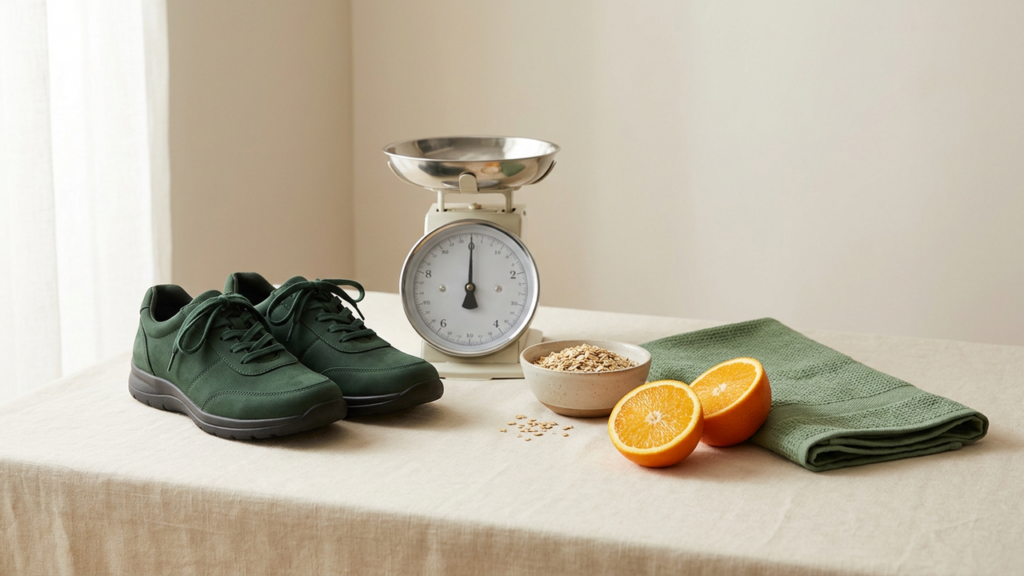 Green walking shoes, a kitchen scale, a bowl of oats and a halved orange on cream linen, representing daily calorie burn