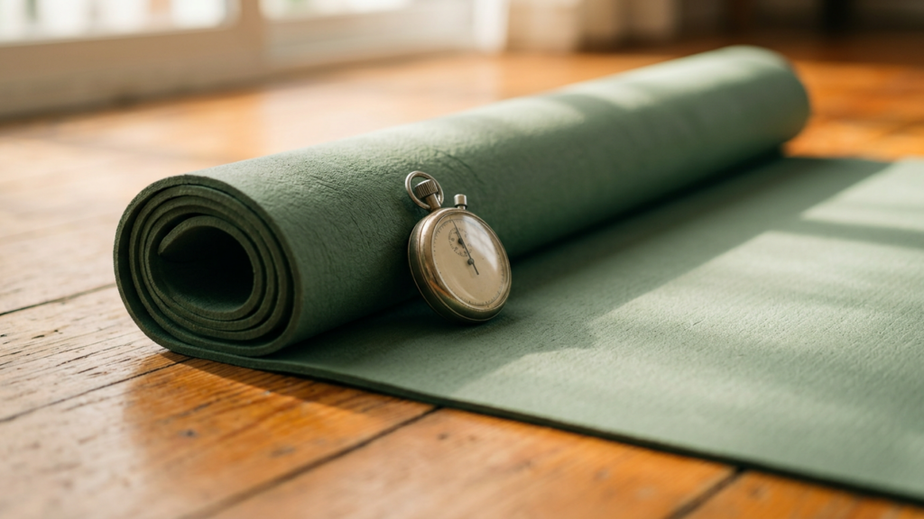An analog stopwatch resting against a rolled green exercise mat on a wooden floor