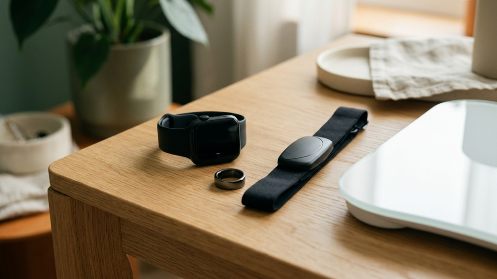 A smartwatch, a smart ring and a chest strap heart rate monitor on a wooden table beside a glass bathroom scale